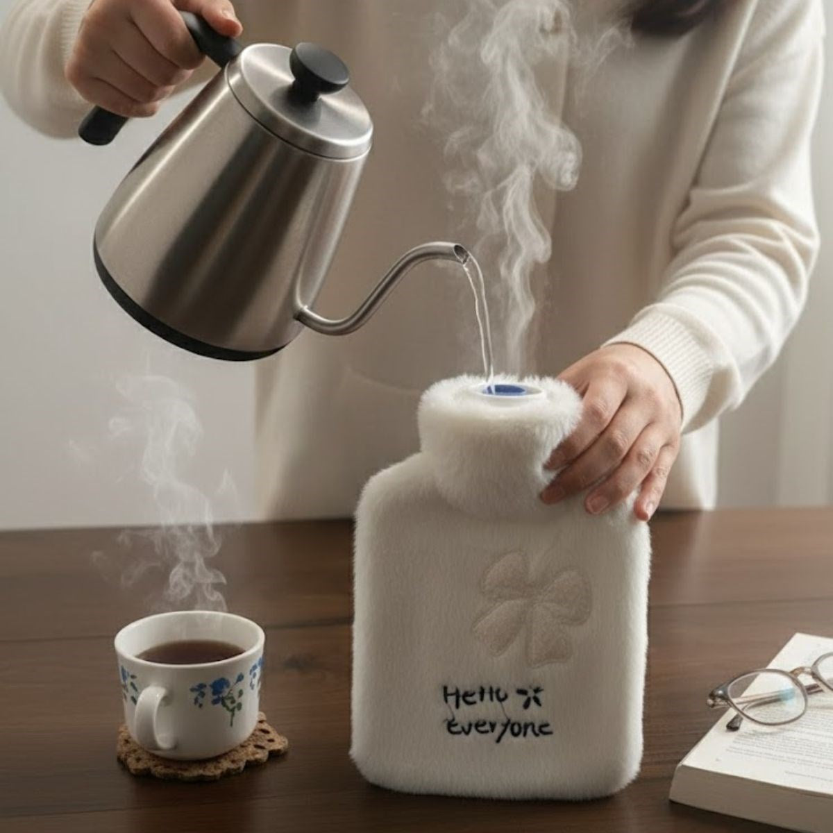 Hello Everyone Yazılı Kurdeleli Beyaz Peluş Sıcak Su Torbası 1 Lt – Yumuşak Kılıf, Uzun Süre Sıcak Tutan Termal Su Torbası (4887)