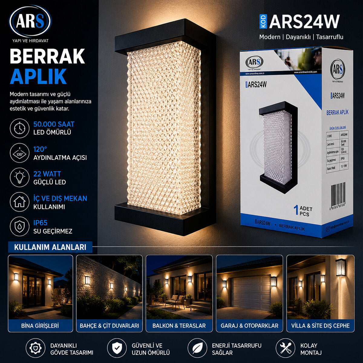 IP66 50.000 SAAT LED ÖMRÜ 22W BERRAK LED APLİK DUVAR LAMBASI ARS-348954 (4887)