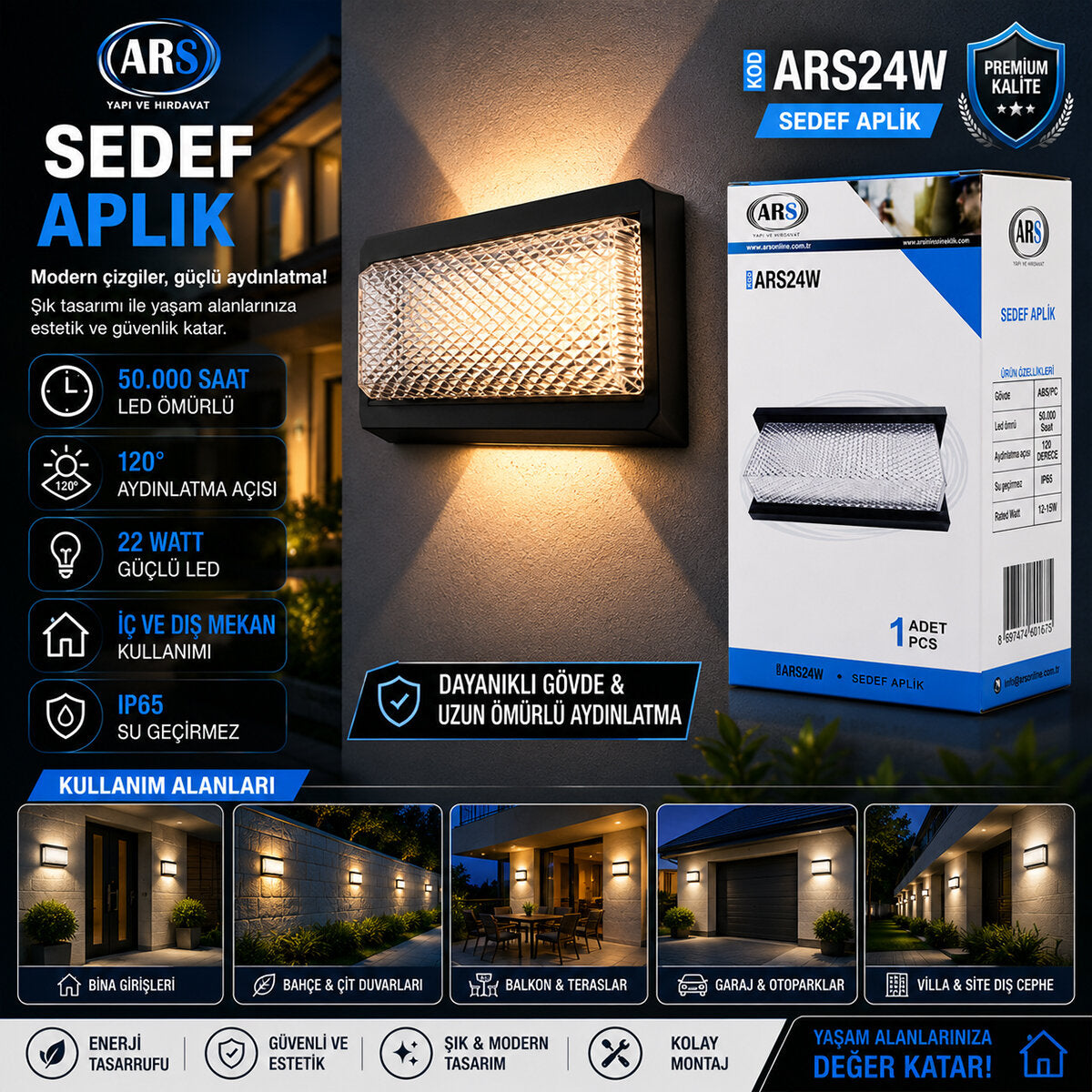 IP66 50.000 SAAT LED ÖMRÜ 22W SEDEF LED APLİK DUVAR LAMBASI ARS-348953 (4887)