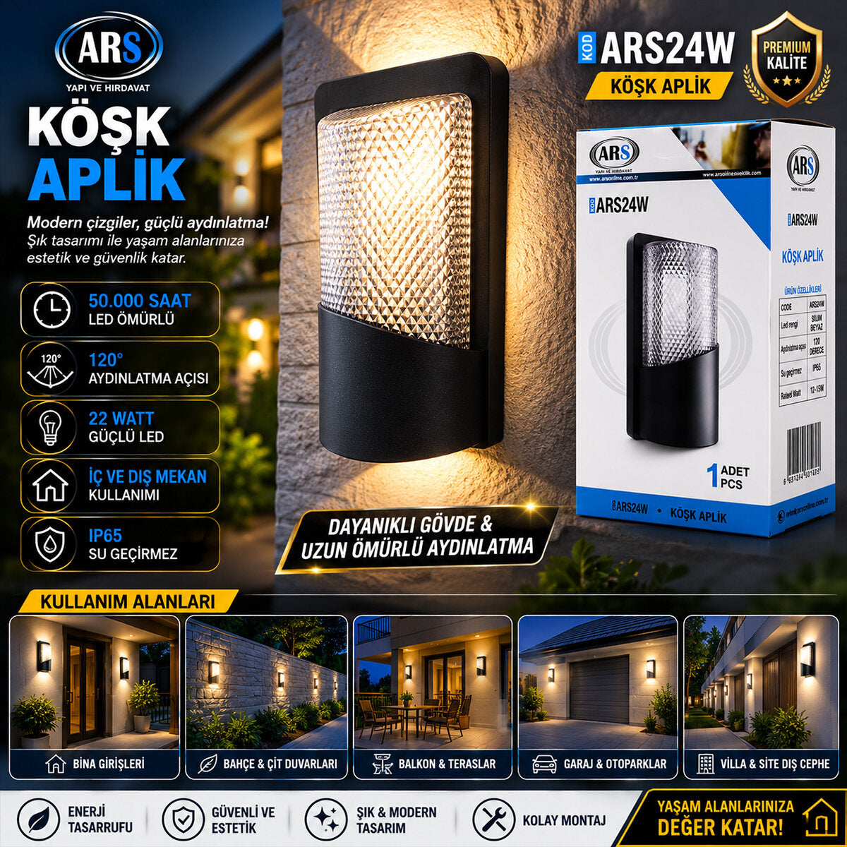 IP66 50.000 SAAT LED ÖMRÜ 22W KÖŞK LED APLİK DUVAR LAMBASI ARS-348955 (4887)
