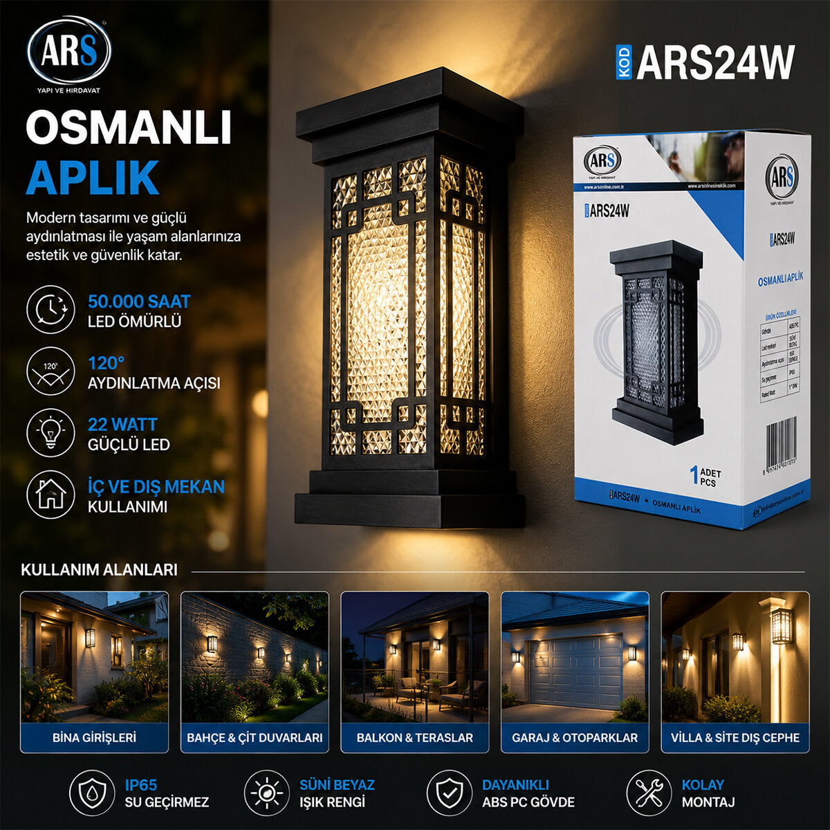 IP66 50.000 SAAT LED ÖMRÜ 22W OSMANLI LED APLİK DUVAR LAMBASI ARS-348952 (4887)