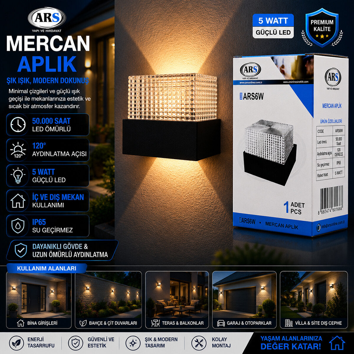 IP66 50.000 SAAT LED ÖMRÜ 5W MERCAN LED APLİK DUVAR LAMBASI ARS-348957 (4887)