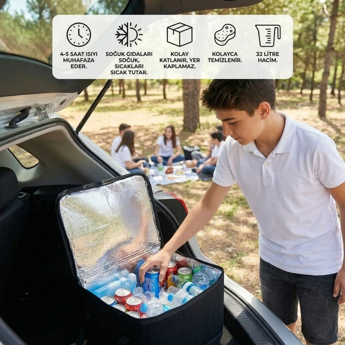 Isı Koruyucu Termal Taşıma Çantası 32 Litre – Araç Bagaj Organizeri, Termos, Katlanabilir Keçe Saklama Çantası 37x27x25 cm (4887)