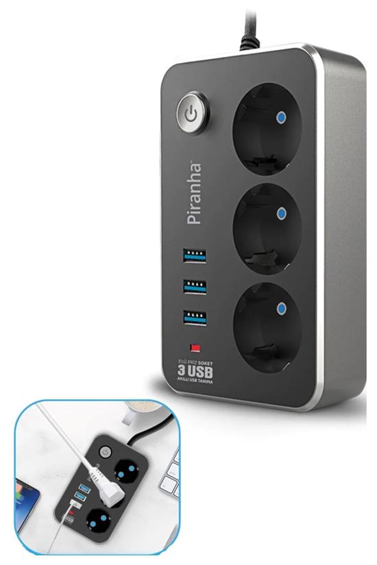 Isıya Dayanıklı Termal Akım Korumalı 2 Mt 10A 2500W 3lü Priz ve 3 Usbi 2.1A Uzatma Kablosu (4887)