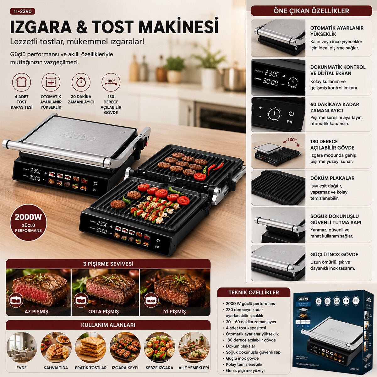 IZGARA VE TOST MAKİNES İ 4 DİLİM YAPIŞMAZ YÜZEY DOKUNMATİK DİJİTAL EKRAN - 2000W SSM-2597 (4887)