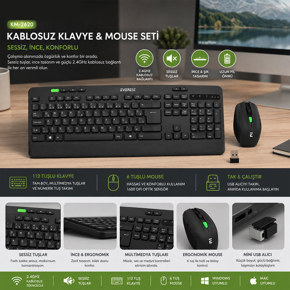 KABLOSUZ KLAVYE - MOUSE SETİ SİYAH USB - SESSİZ - SWİTCH Q KLAVYE KM-2620 (4887)