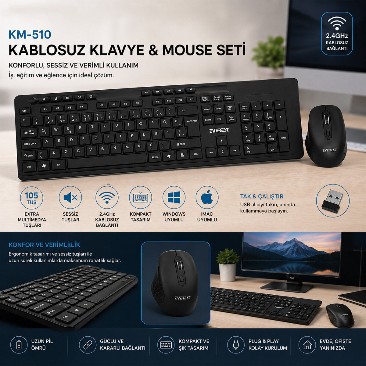 KABLOSUZ MULTİMEDİA KLAVYE - MOUSE SETİ SİYAH Q KLAVYE KM-510 (4887)