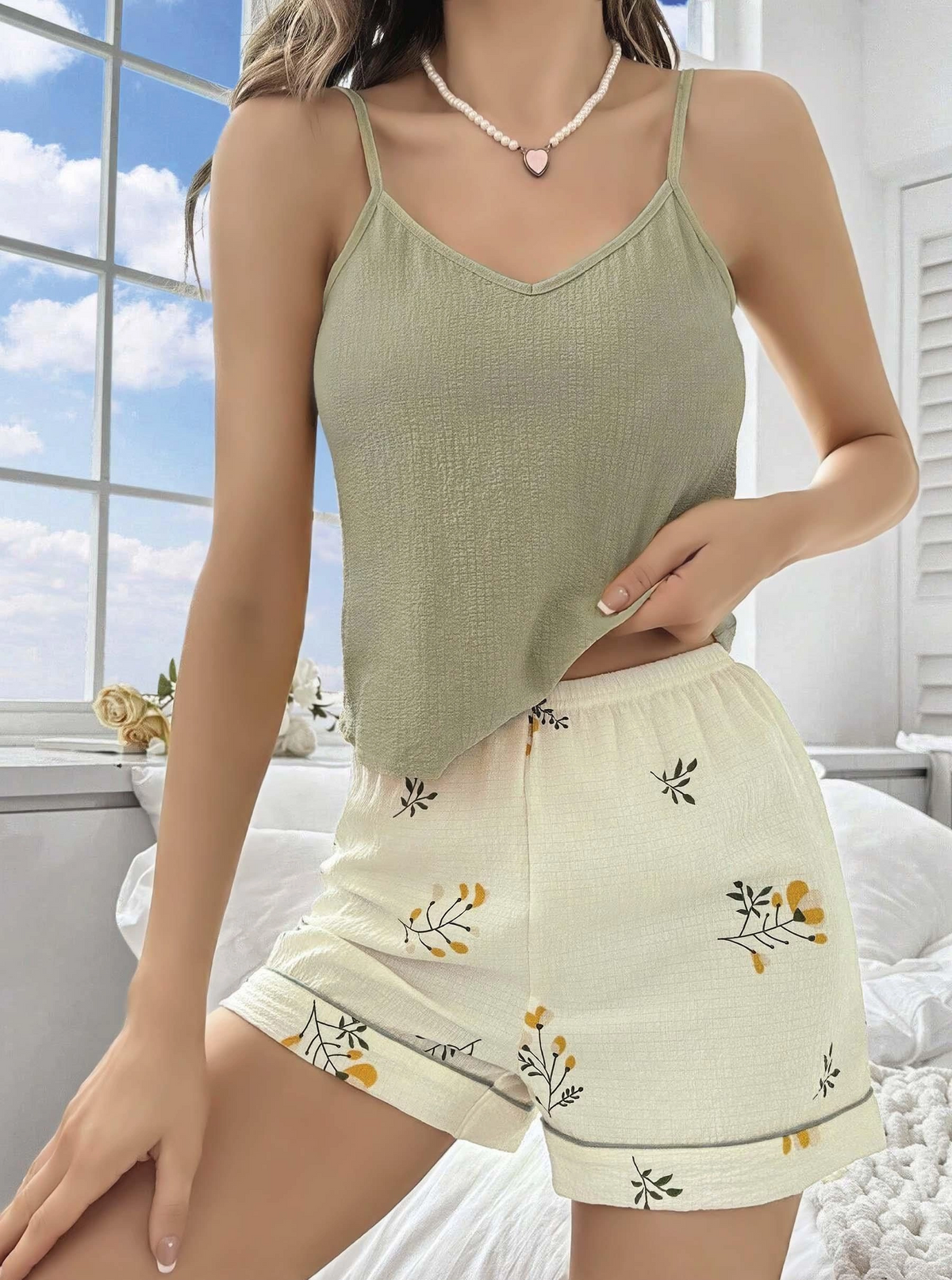 Kadın Ekru Çiçek Baskılı Şortlu Gecelik Pijama Takımı 5099