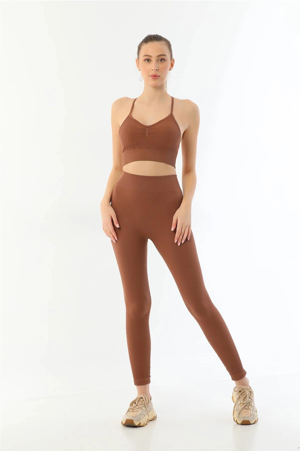 Kahve Soft Seamless Ripli Tayt Yoga Seti - KLBN30754