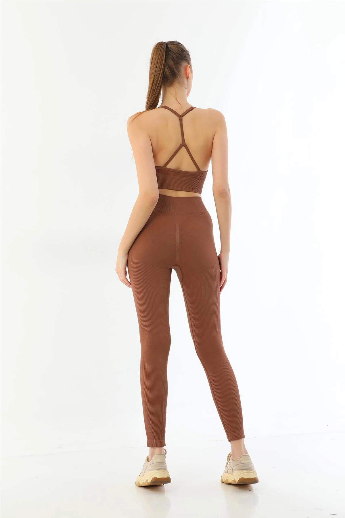 Kahve Soft Seamless Ripli Tayt Yoga Seti - KLBN30754