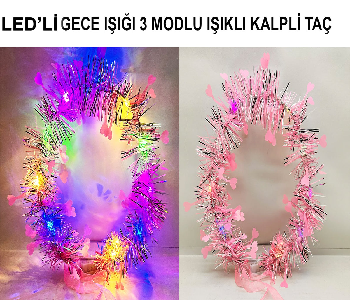 Kalp Püsküllü Gece Parıltısı 3 Modlu LED'li Işıklı Taç Pembe Renk (4887)