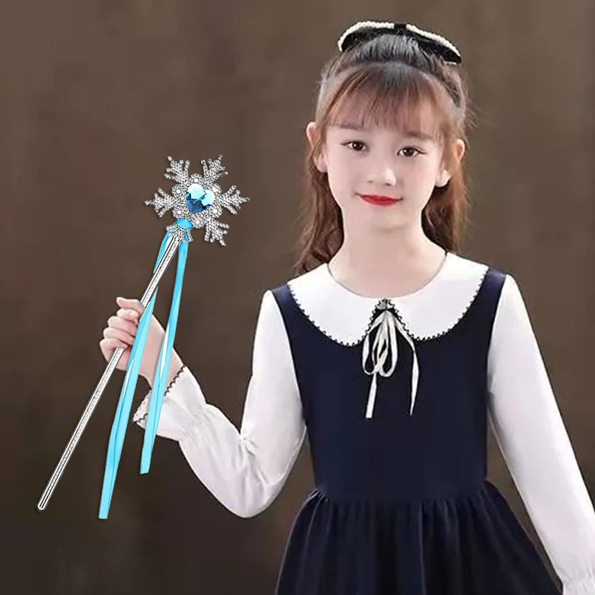 Kar Taneli Mavi Kalp Taşlı Saten Kurdeleli Karlar Ülkesi Elsa Asası Sopası 34 cm (4887)