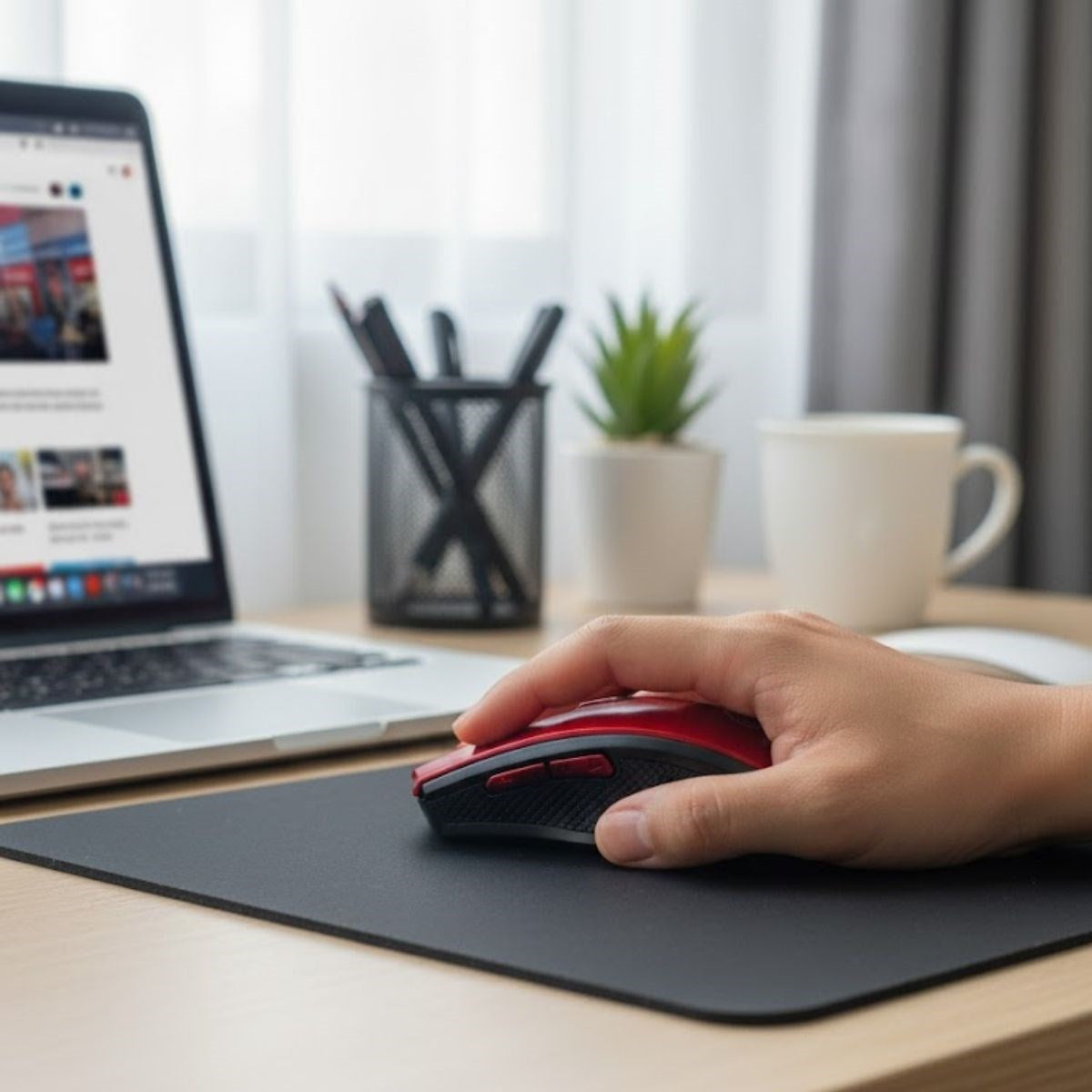 Kırmızı Renkli Baş Parmak Destekli Ergonomik Sessiz Kablosuz Mouse – USB Alıcılı, Ofis ve Oyun İçin Konforlu Bilgisayar Faresi MS6300 (4887)