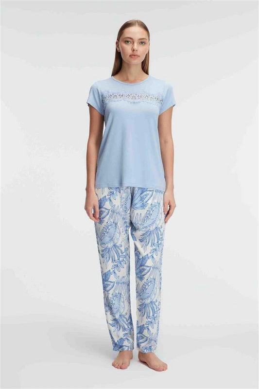 Kısa Kol Bisiklet Yaka Kadın Viskon Çiçek Desenli Yazlık ÖRME Dantelli Detaylı Pijama Takımı - KLBN28580