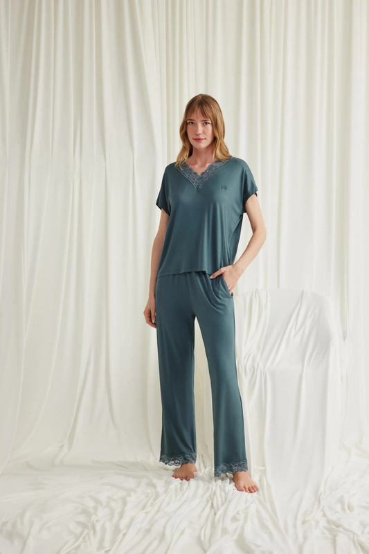 Kısa Kollu V Yakalı Dantelli Pijama Takımı - KLBN29090
