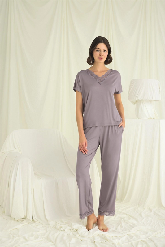 Kısa Kollu V Yakalı Dantelli Pijama Takımı - KLBN29235