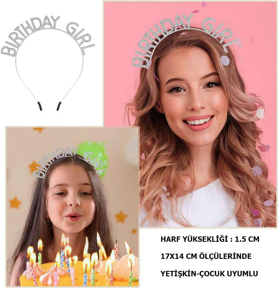 Kristal Taşlı Gümüş Birthday Girl Yazılı Doğum Günü Parti Tacı 19x11 cm (4887)