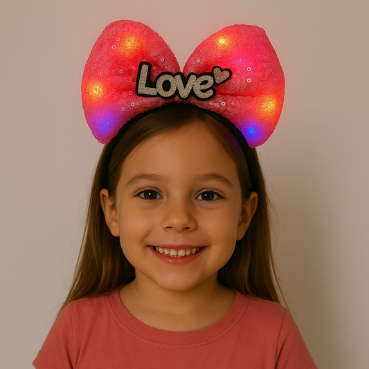 LED Işıklı Love Yazılı Fuşya Fiyonk Taç – Kız Çocuk Parti Tacı (4887)