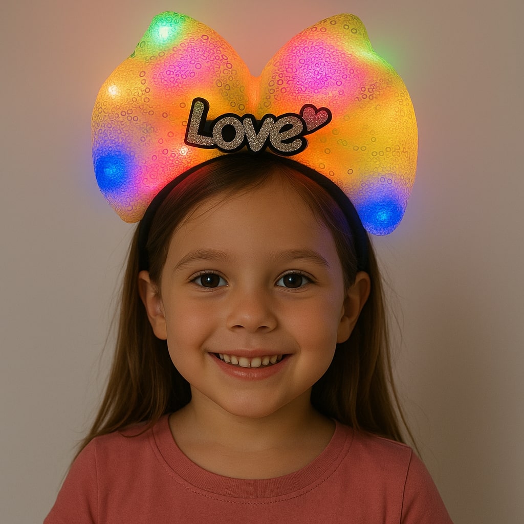 LED Işıklı Love Yazılı Sarı Fiyonk Taç – Kız Çocuk Parti Tacı (4887)
