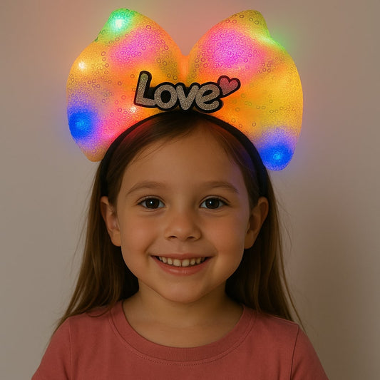 LED Işıklı Love Yazılı Sarı Fiyonk Taç – Kız Çocuk Parti Tacı (4887)