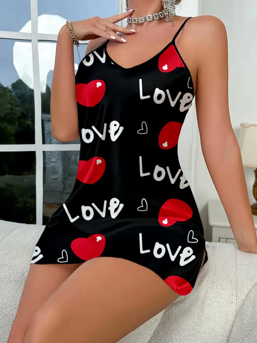 Love Desenli Siyah Saten Gecelik Modeli - Kadın - KLBN00336