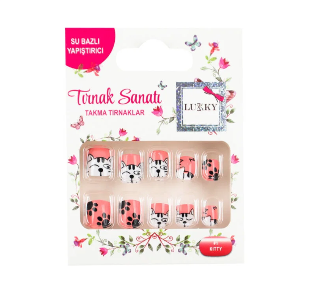 Lukky Kedi Baskılı Yapışkanlı Takma Tırnak Seti
