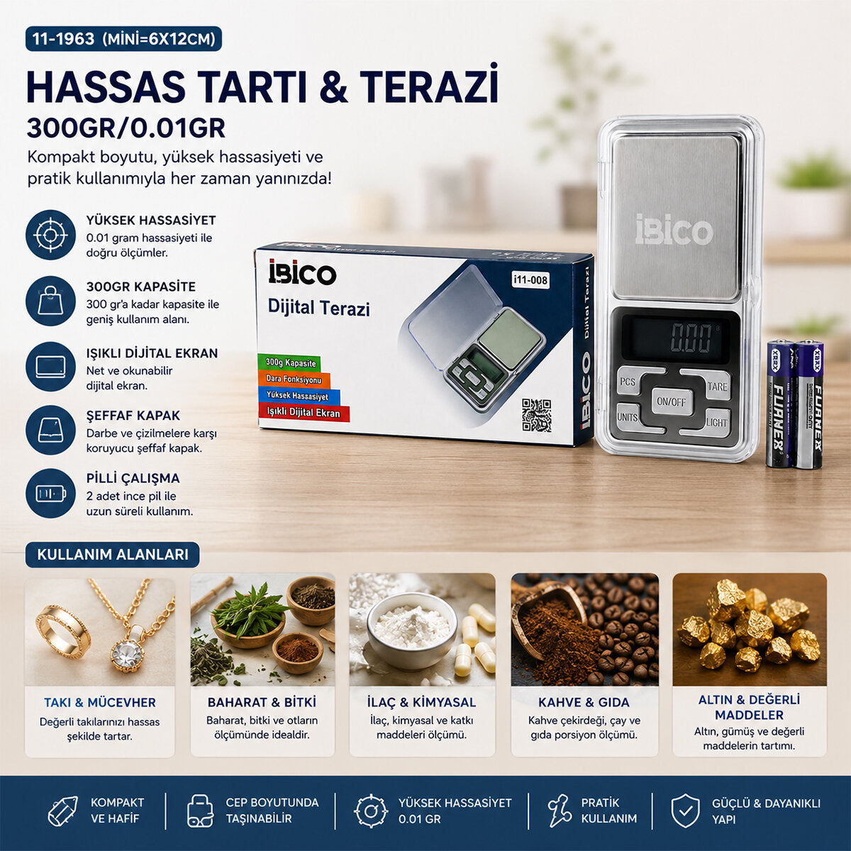 MİNİ=6X12CM HASSAS TARTI - TERAZİ 300GR/0.01GR ŞEFFAF PLS.KAPAKLI - PİLLİ= 2PCS İNCE (4887)