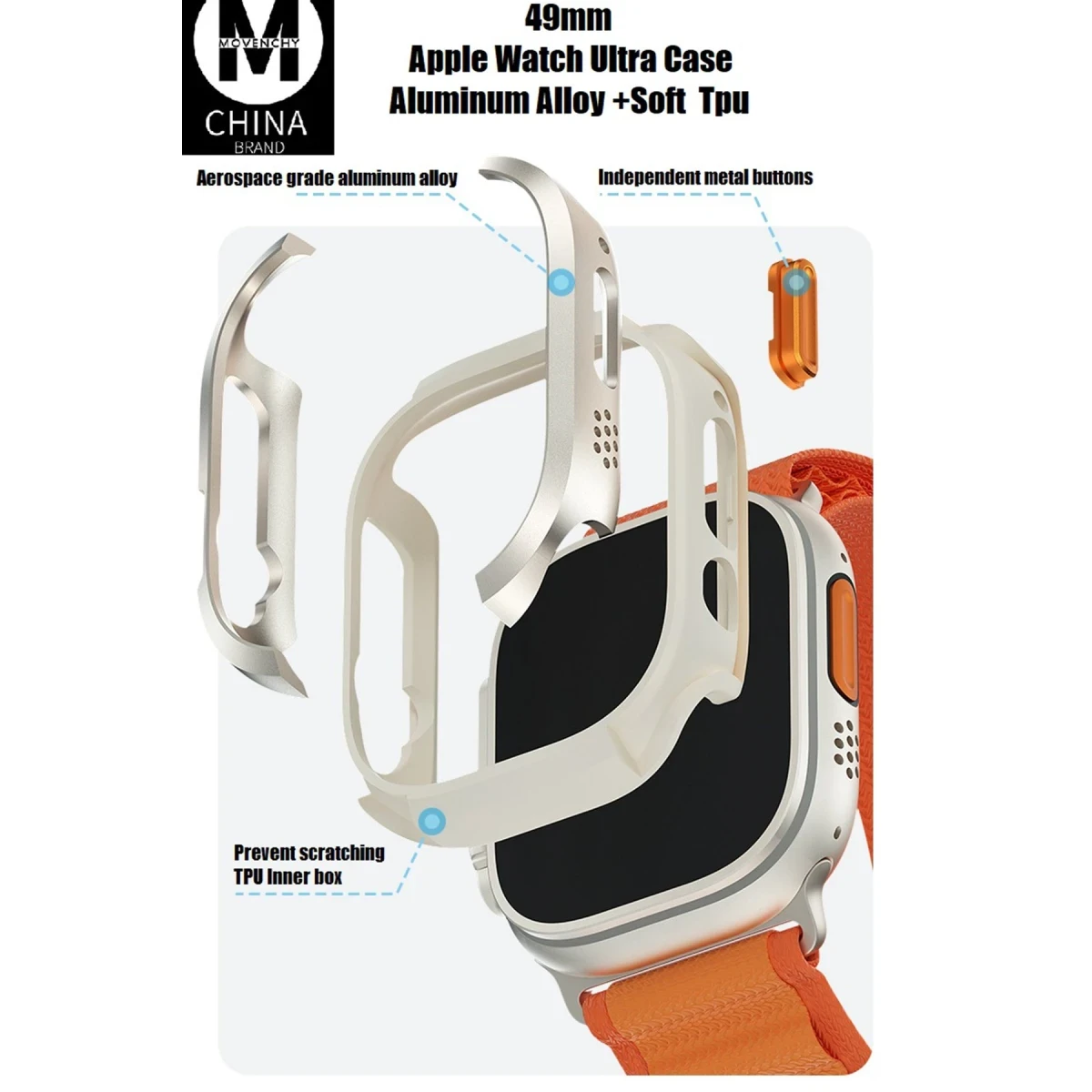 Movenchy Apple Watch Ultra 49mm MO-WT3 Alüminyum Kasa Koruyucu - Gold