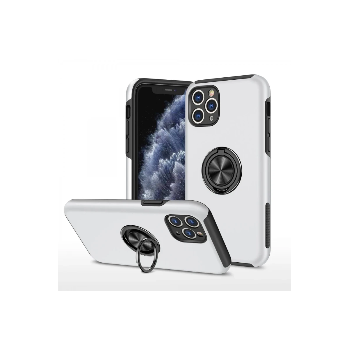 Apple iPhone 11 Pro Max Kılıf Elit Yüzüklü Kapak - Gümüş