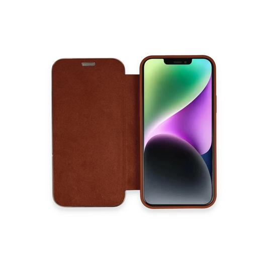 Apple iPhone 12 Kılıf Dolpin Kapaklı - Kahverengi