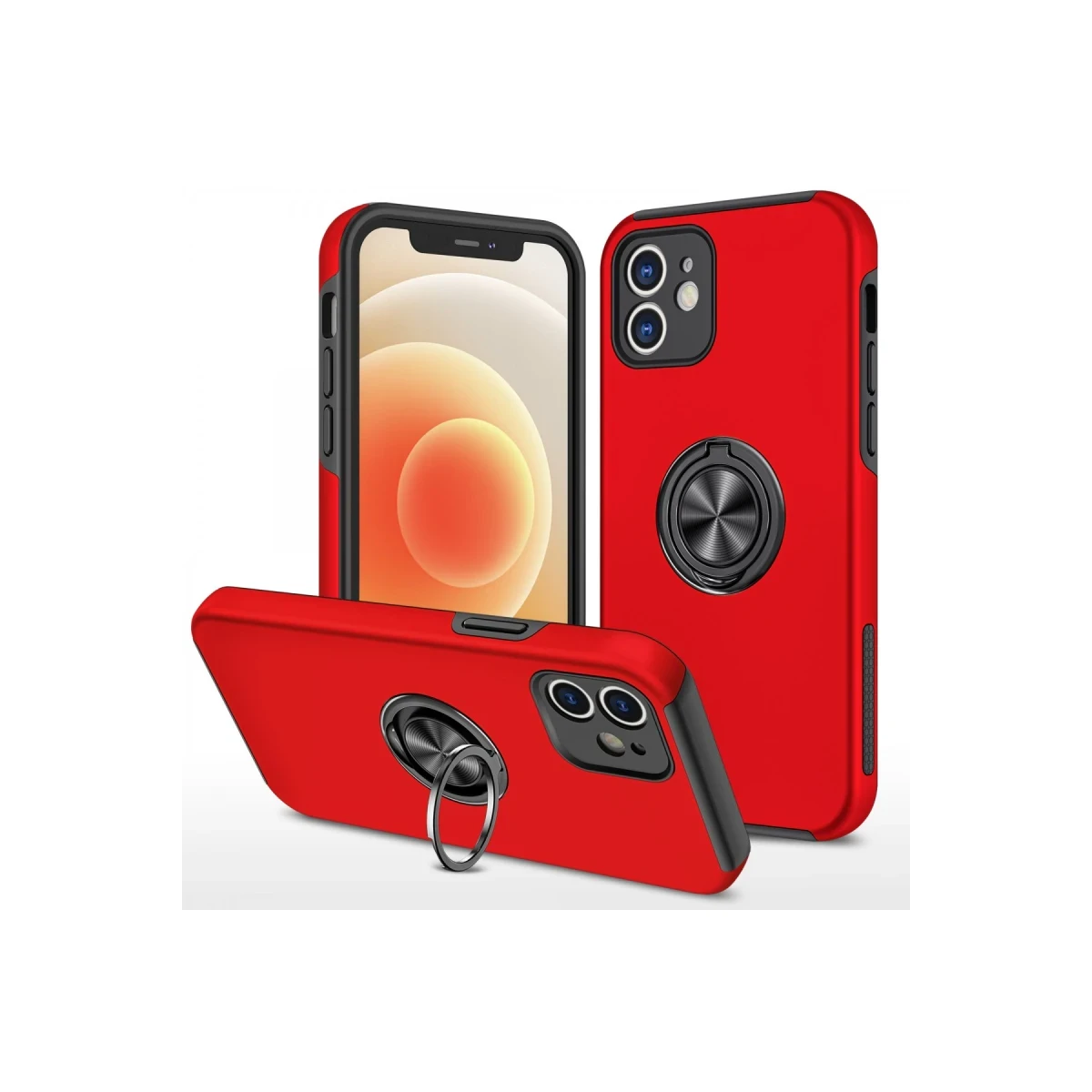 Apple iPhone 12 Kılıf Elit Yüzüklü Kapak - Kırmızı