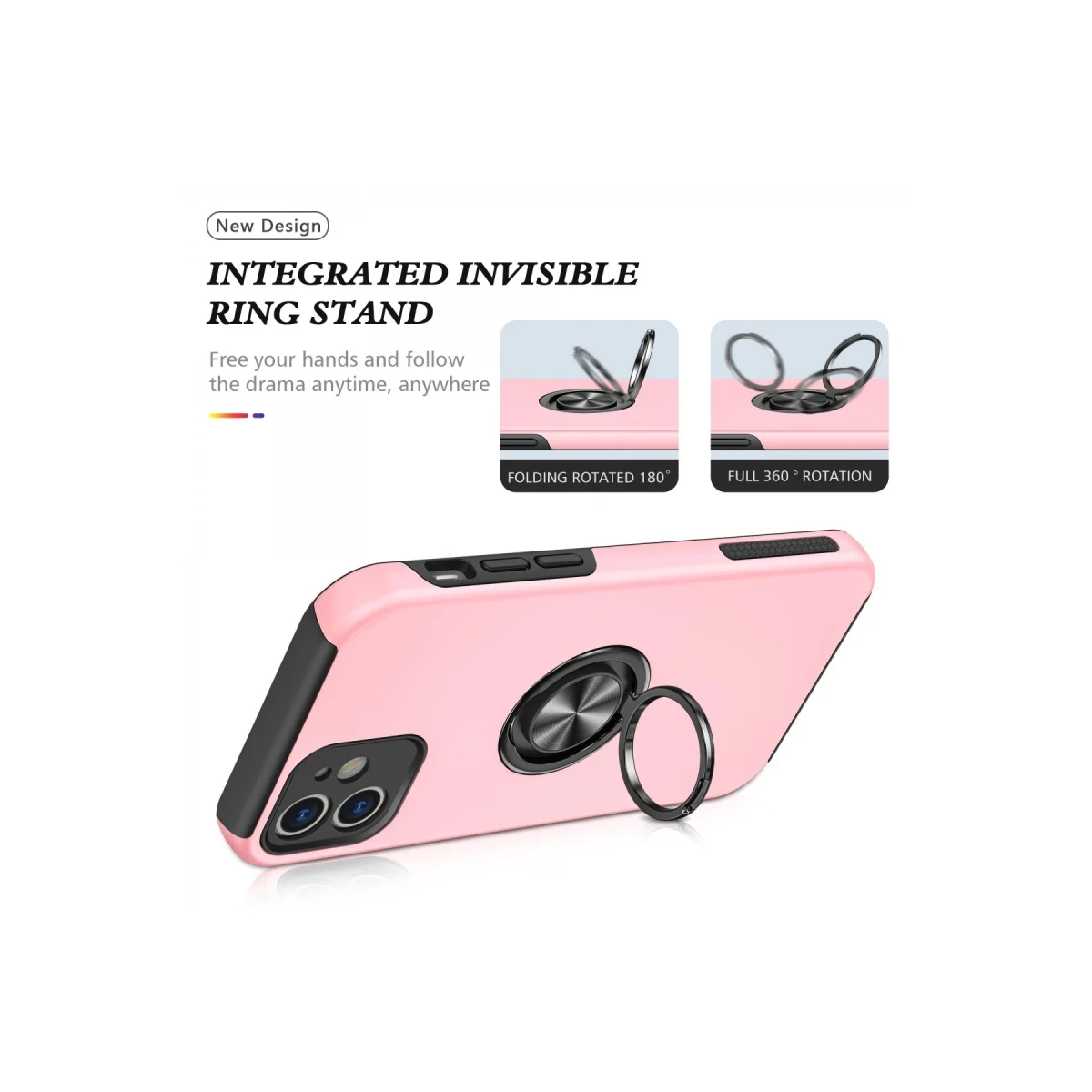 Apple iPhone 12 Kılıf Elit Yüzüklü Kapak - Pembe