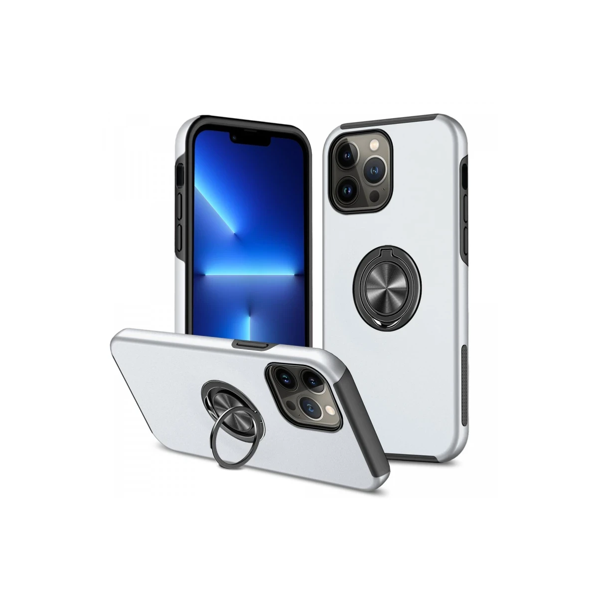 Apple iPhone 13 Pro Kılıf Elit Yüzüklü Kapak - Gümüş