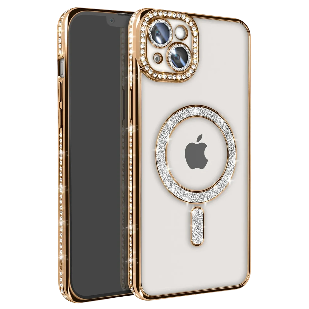 Apple iPhone 14 Kılıf Joke Simli Magneticsafe Kılıf - Gold