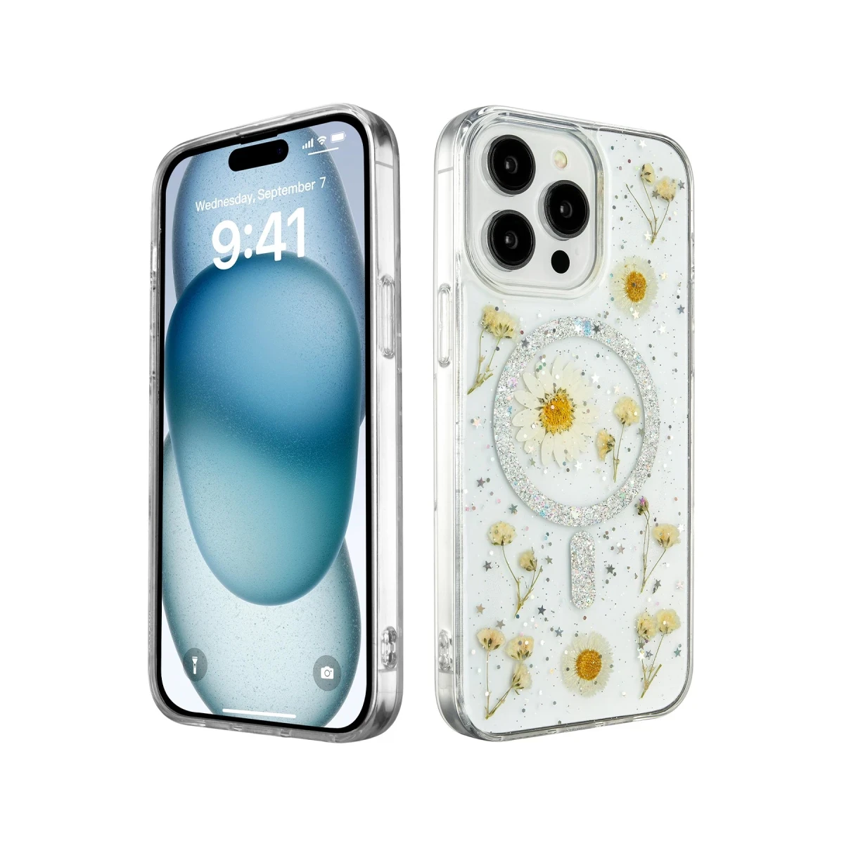Apple iPhone 15 Pro Max Kılıf Daisy Simli Magsafe Kapak - Gümüş