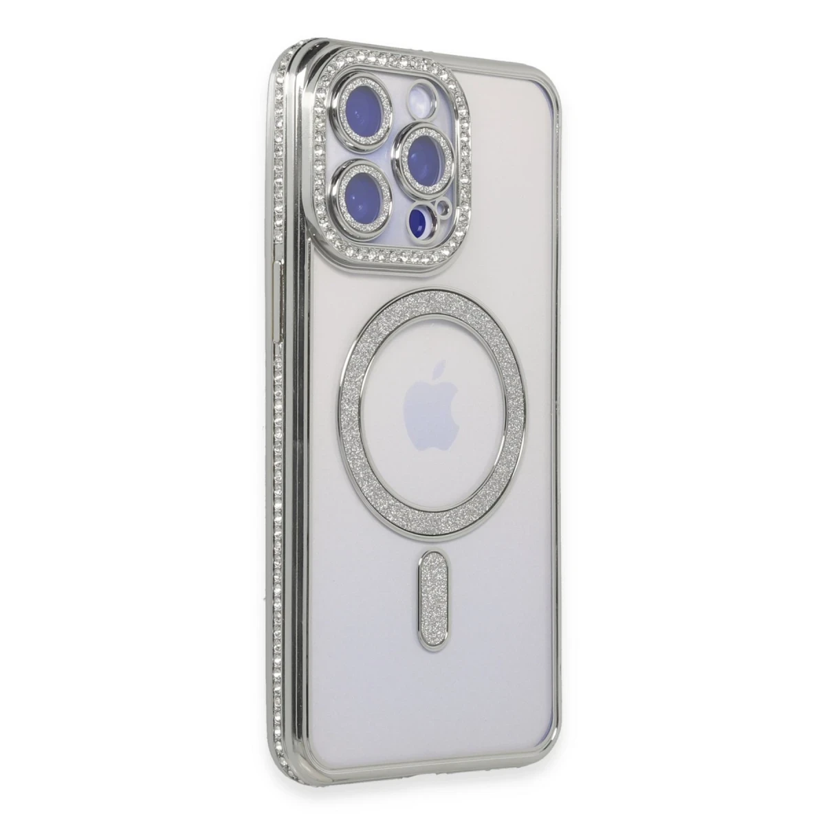 Apple iPhone 15 Pro Max Kılıf Joke Simli Magneticsafe Kılıf - Gümüş