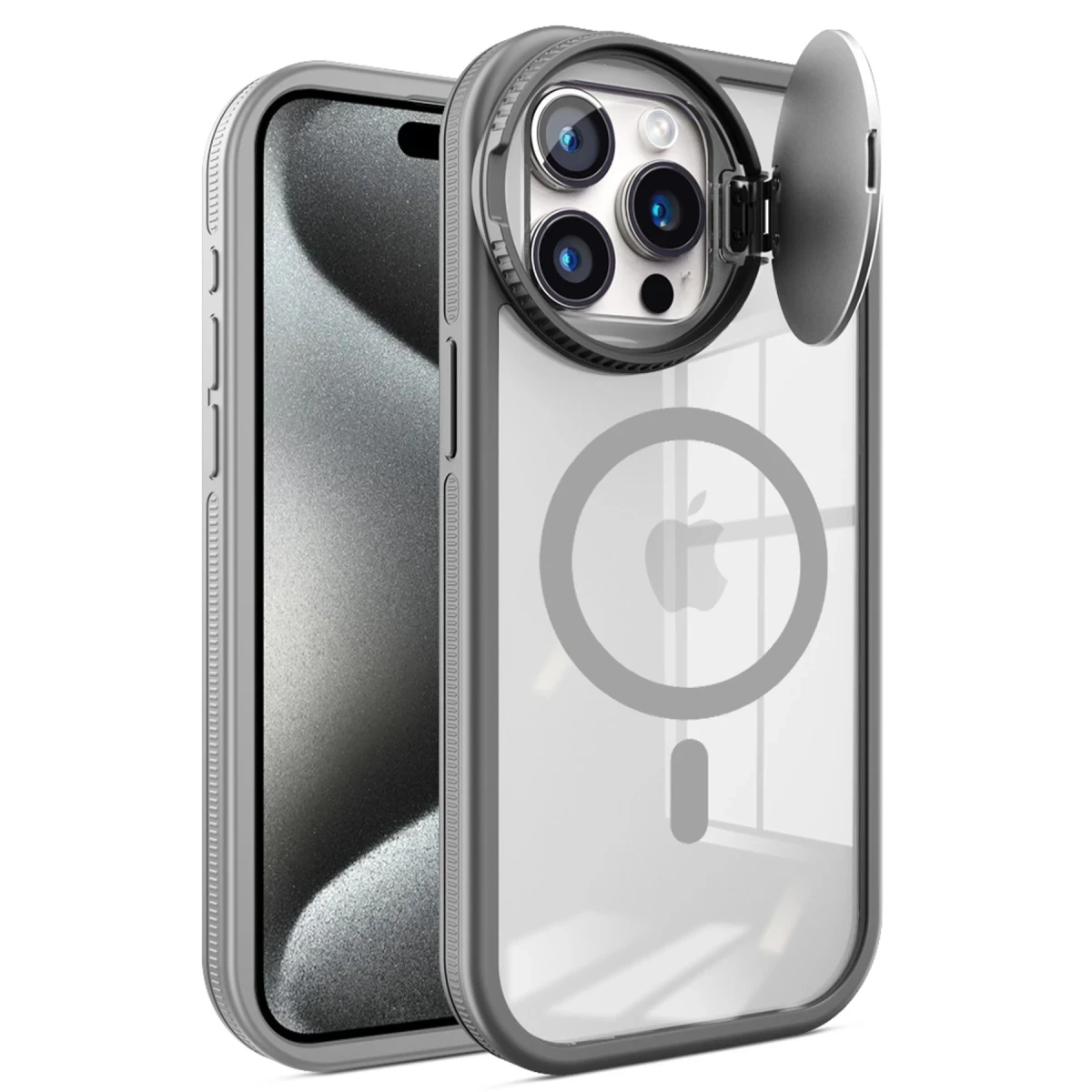 Apple iPhone 15 Pro Max Kılıf Teleskop Lens Magsafe Silikon Kapak - Titan Gri