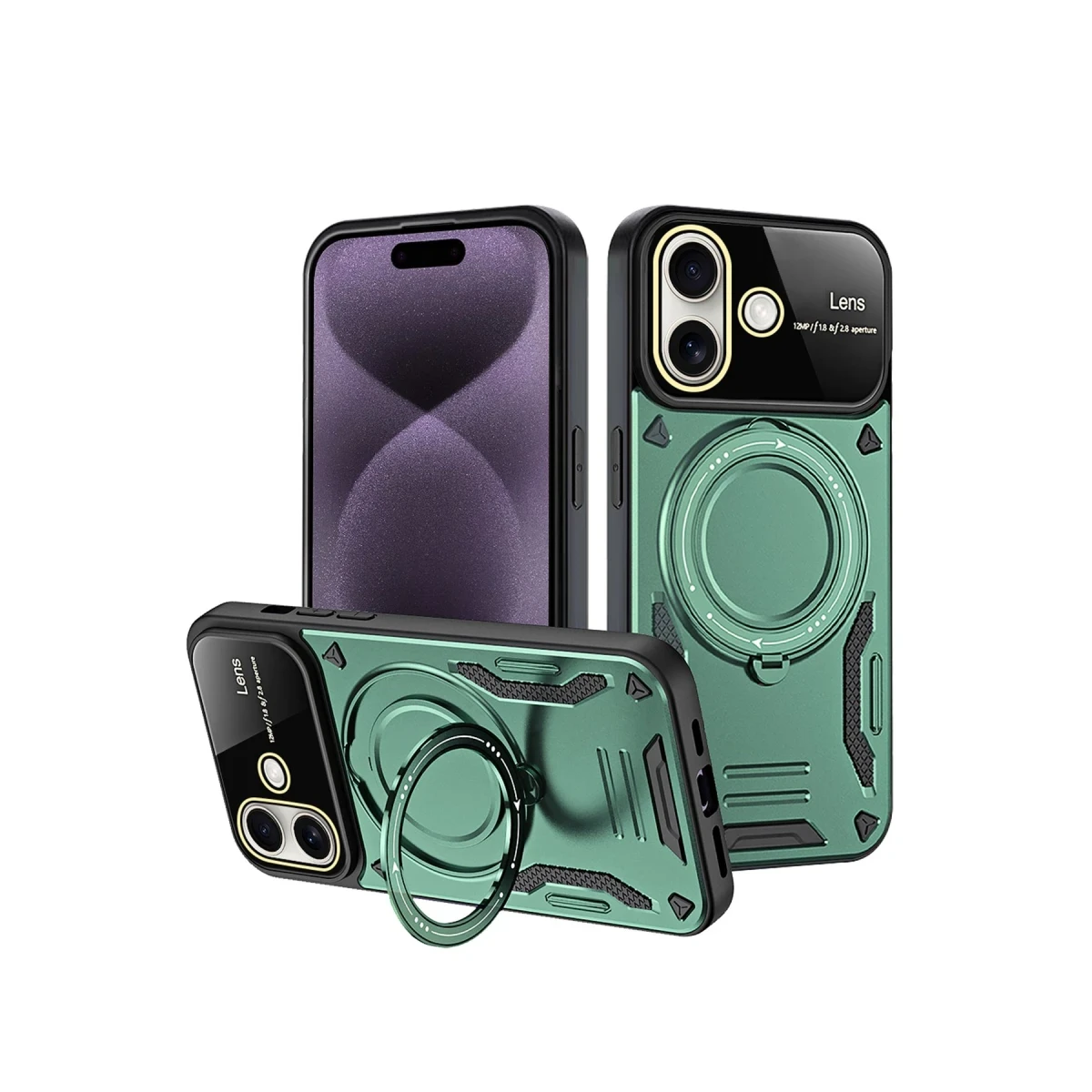 Apple iPhone 16 Kılıf Joy Lens Standlı Kapak - Koyu Yeşil