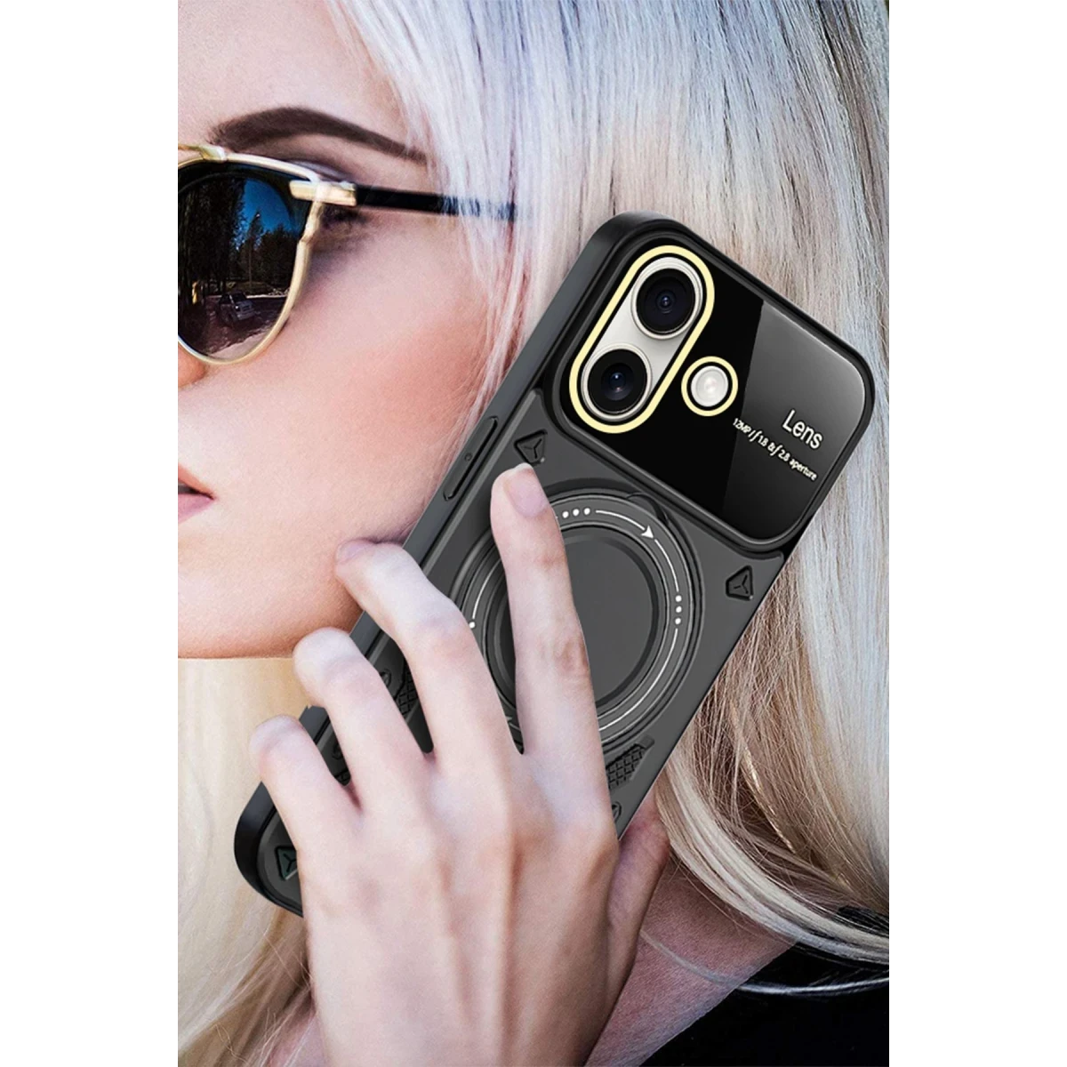 Apple iPhone 16 Kılıf Joy Lens Standlı Kapak - Siyah