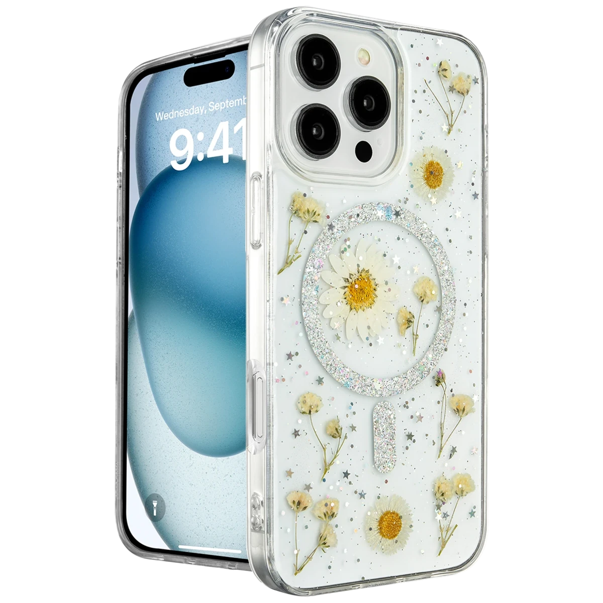Apple iPhone 16 Pro Kılıf Daisy Simli Magsafe Kapak - Gümüş