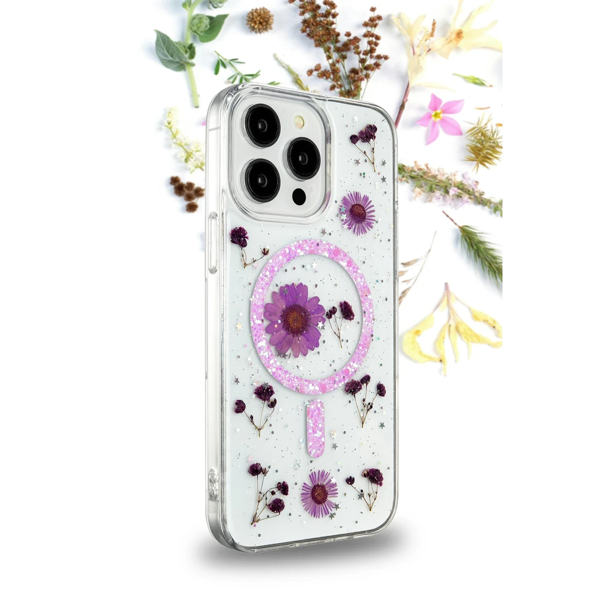Apple iPhone 16 Pro Kılıf Daisy Simli Magsafe Kapak - Pembe