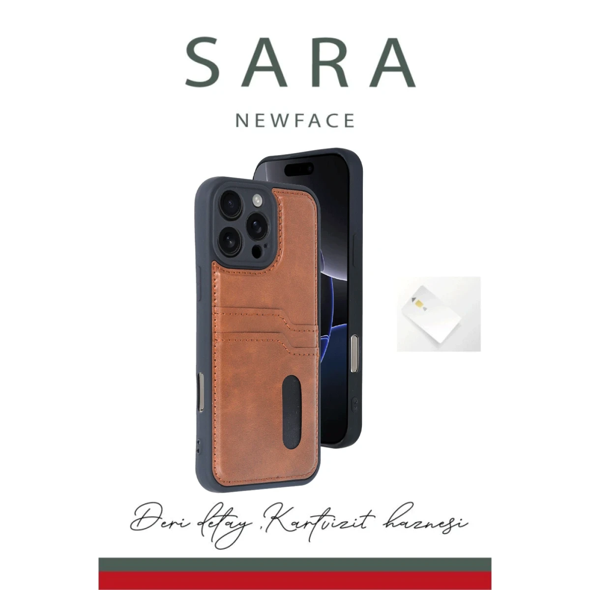 Apple iPhone 16 Pro Kılıf Sara Kartvizitli Deri Kılıf - Taba