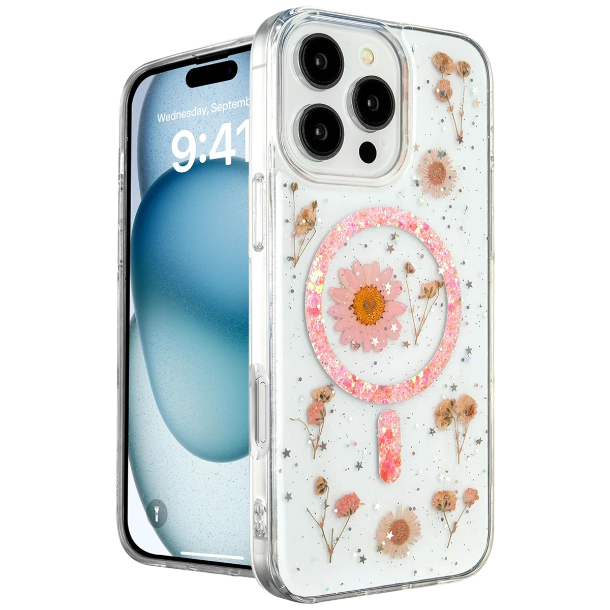 Apple iPhone 16 Pro Max Kılıf Daisy Simli Magsafe Kapak - Pembe