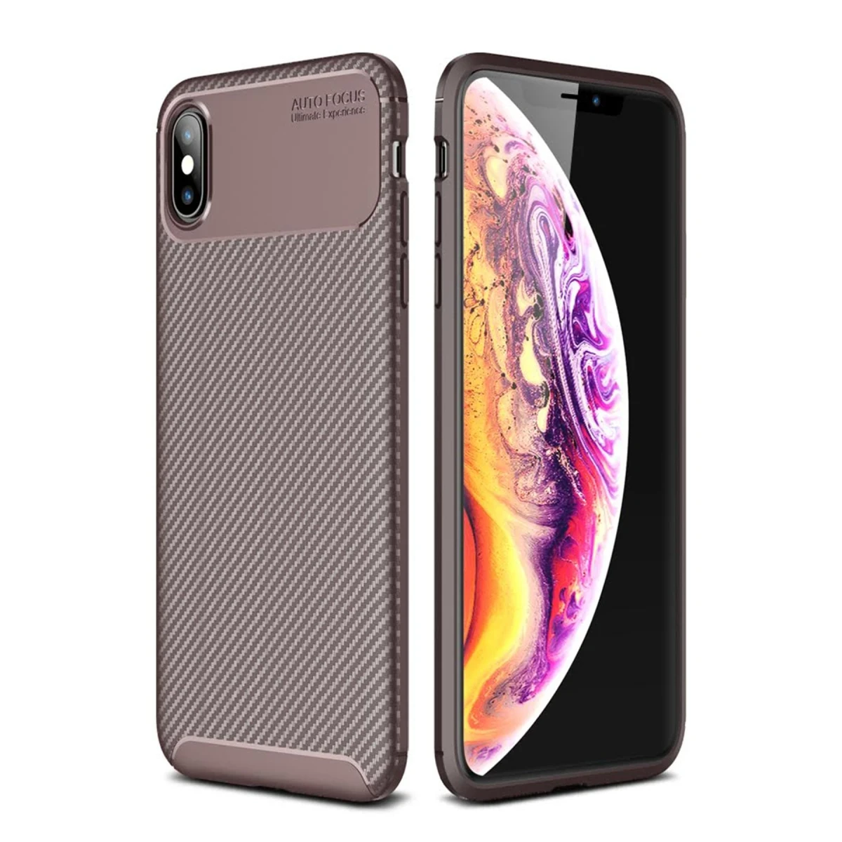 Apple iPhone XS Max Kılıf Auto Focus Karbon Kapak - Kahverengi