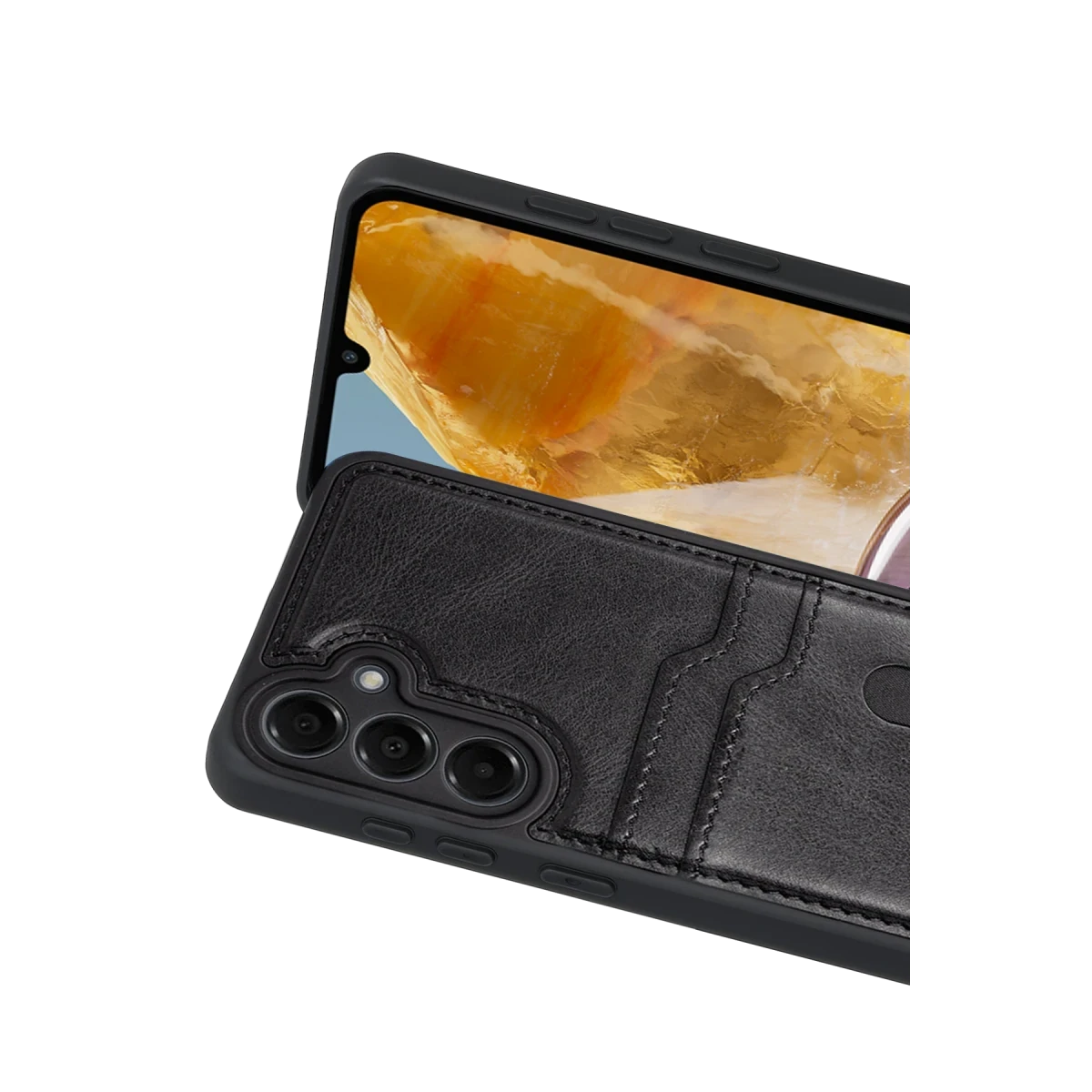 Samsung Galaxy M15 Sara Kartvizitli Deri Kılıf - Siyah