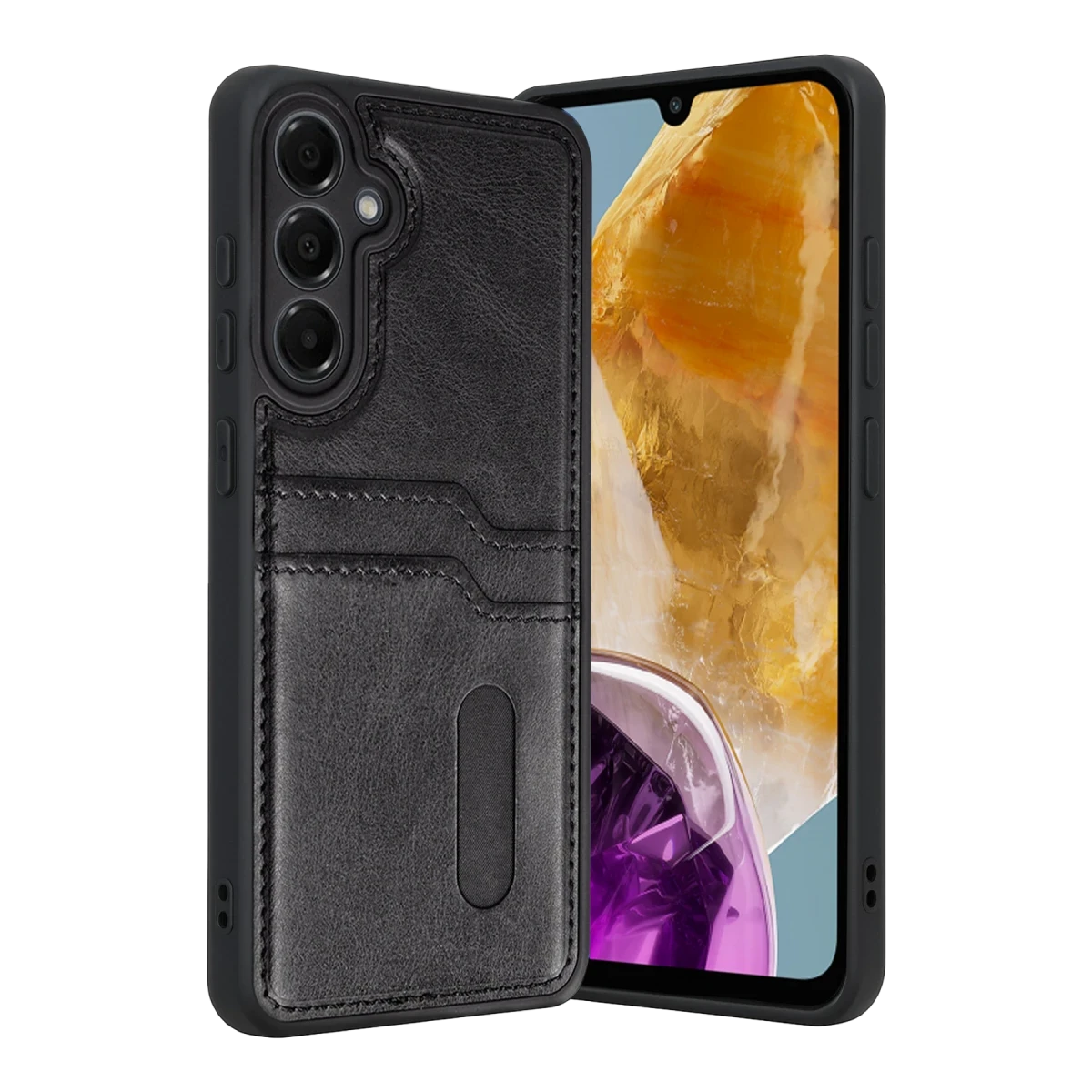 Samsung Galaxy M15 Sara Kartvizitli Deri Kılıf - Siyah