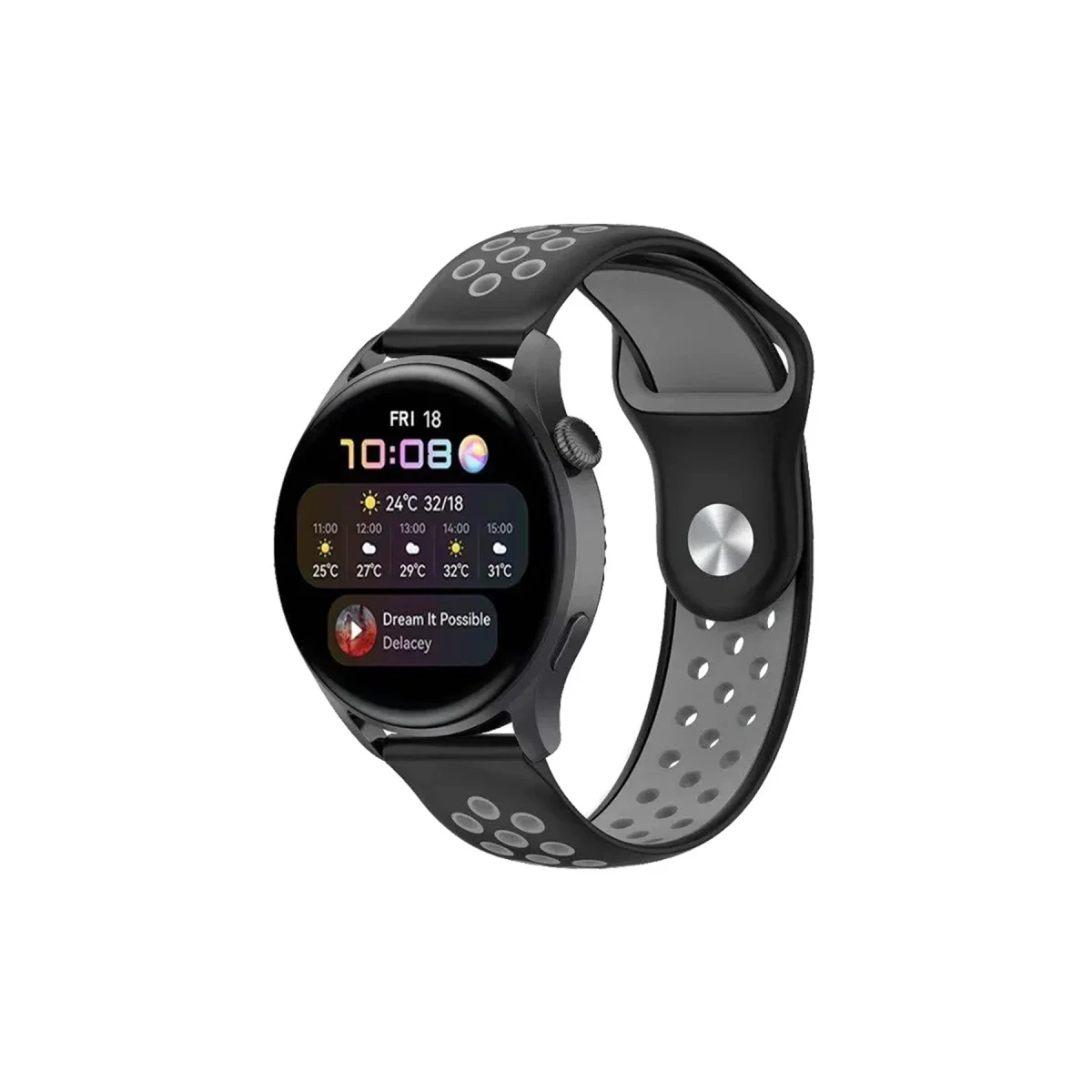 Watch 20mm Spor Delikli Kordon - Siyah-Gri