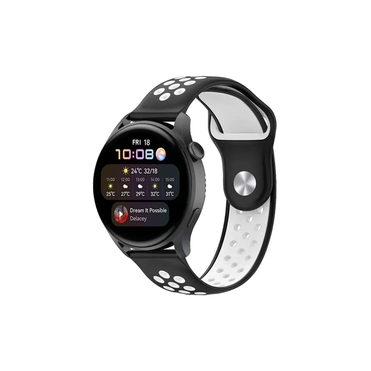 Watch 22mm Spor Delikli Kordon - Siyah-Beyaz
