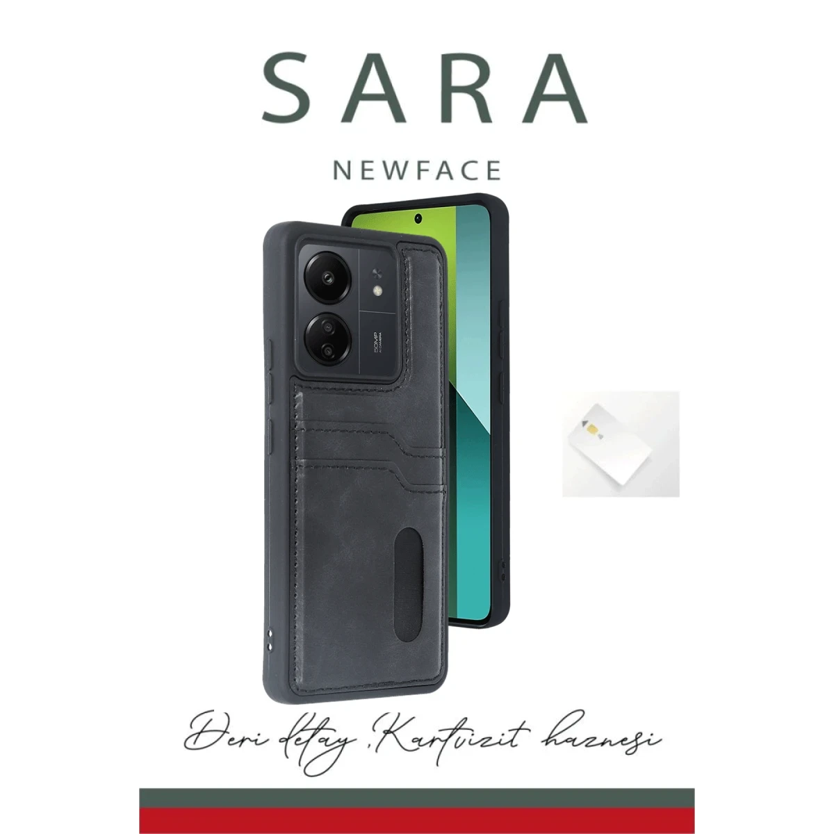 Xiaomi Redmi 13C Kılıf Sara Kartvizitli Deri Kılıf - Siyah