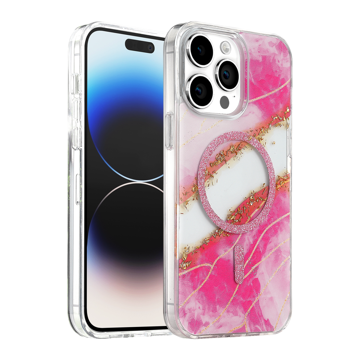Onegif Apple iPhone 14 Pro Max Lotus Simli Magsafe Kapak - Pembe